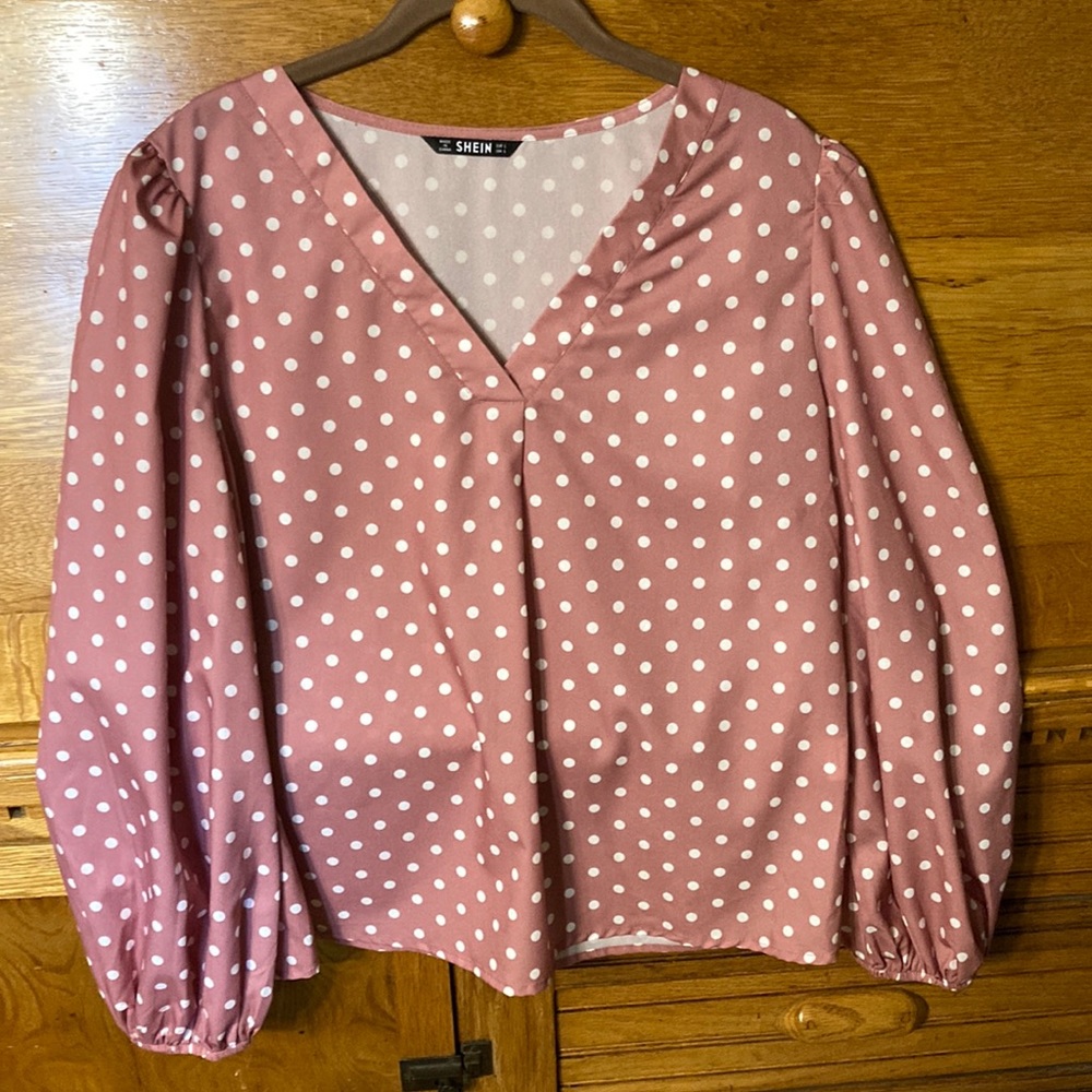 SHEIN Cottagecore Feminine Pink Polka Dot V-Neck Puff Sleeve Blouse Large Chic‎